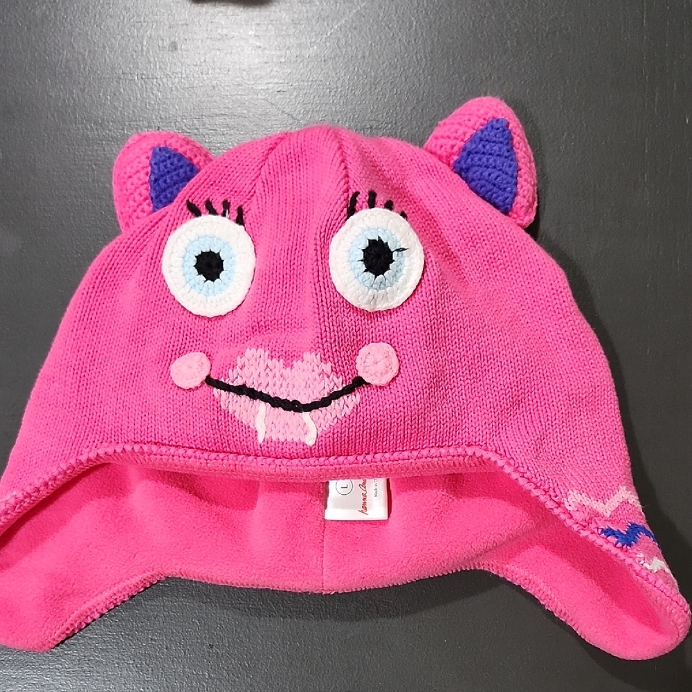 Hanna Andersson Pink ear-flap Monster Double layer Knit Hat with Ears Size L
